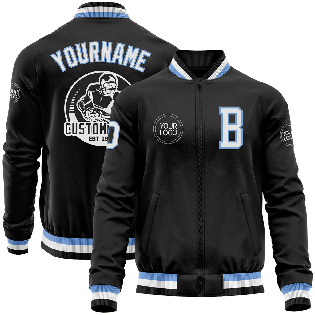 Custom Black Light Blue-White Bomber Varsity Letterman Zipper Jacket