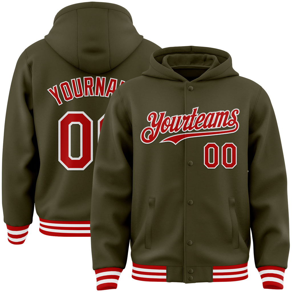 Custom Olive Red-White Bomber Full-Snap Varsity Letterman Salute To Service Hoodie Jacket