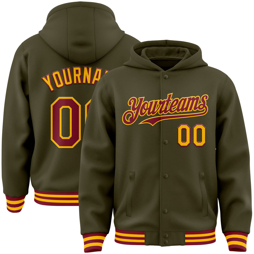 Custom Olive Crimson-Gold Bomber Full-Snap Varsity Letterman Salute To Service Hoodie Jacket