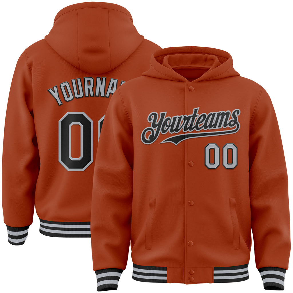 Custom Texas Orange Black-Gray Bomber Full-Snap Varsity Letterman Hoodie Jacket