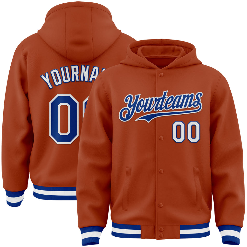 Custom Texas Orange Royal-White Bomber Full-Snap Varsity Letterman Hoodie Jacket