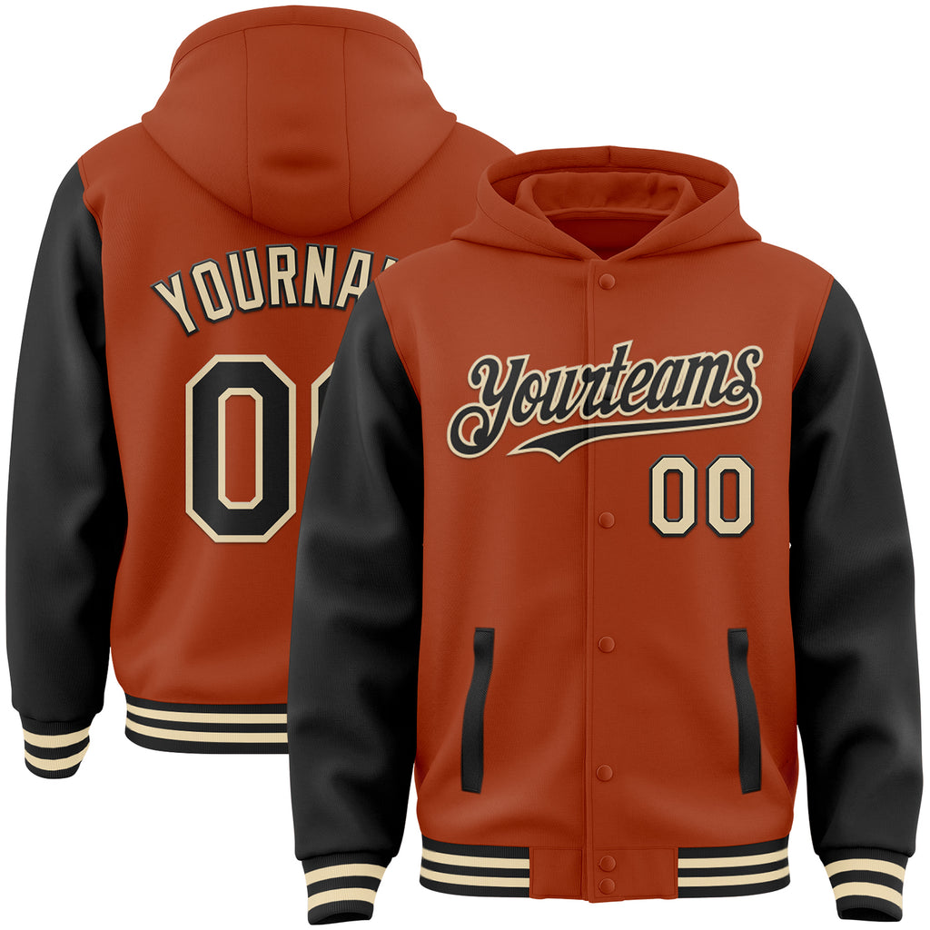 Custom Texas Orange Black-Cream Bomber Full-Snap Varsity Letterman Two Tone Hoodie Jacket