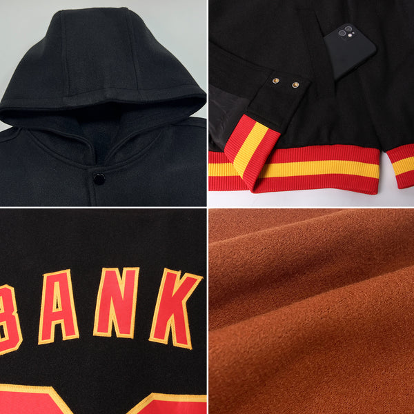 Custom Texas Orange Black-Old Gold Bomber Full-Snap Varsity Letterman Two Tone Hoodie Jacket