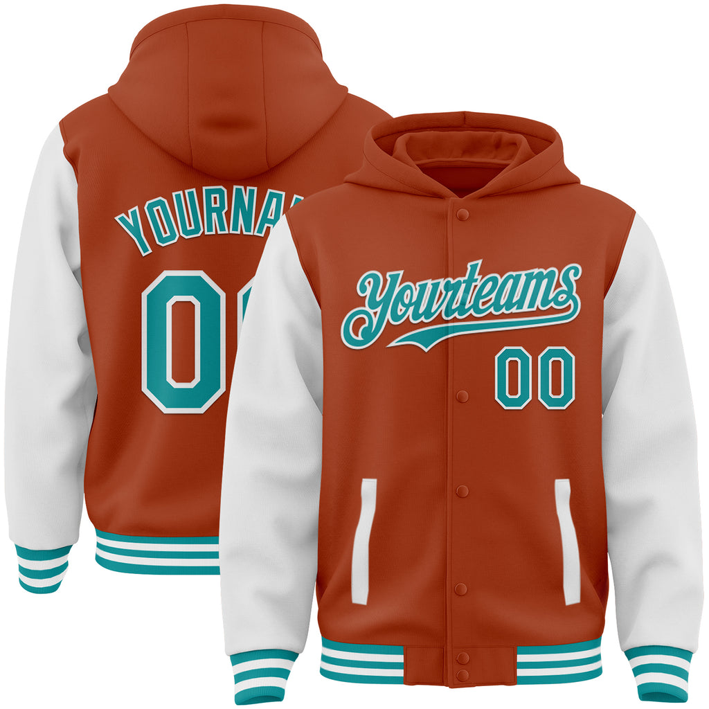 Custom Texas Orange Teal-White Bomber Full-Snap Varsity Letterman Two Tone Hoodie Jacket