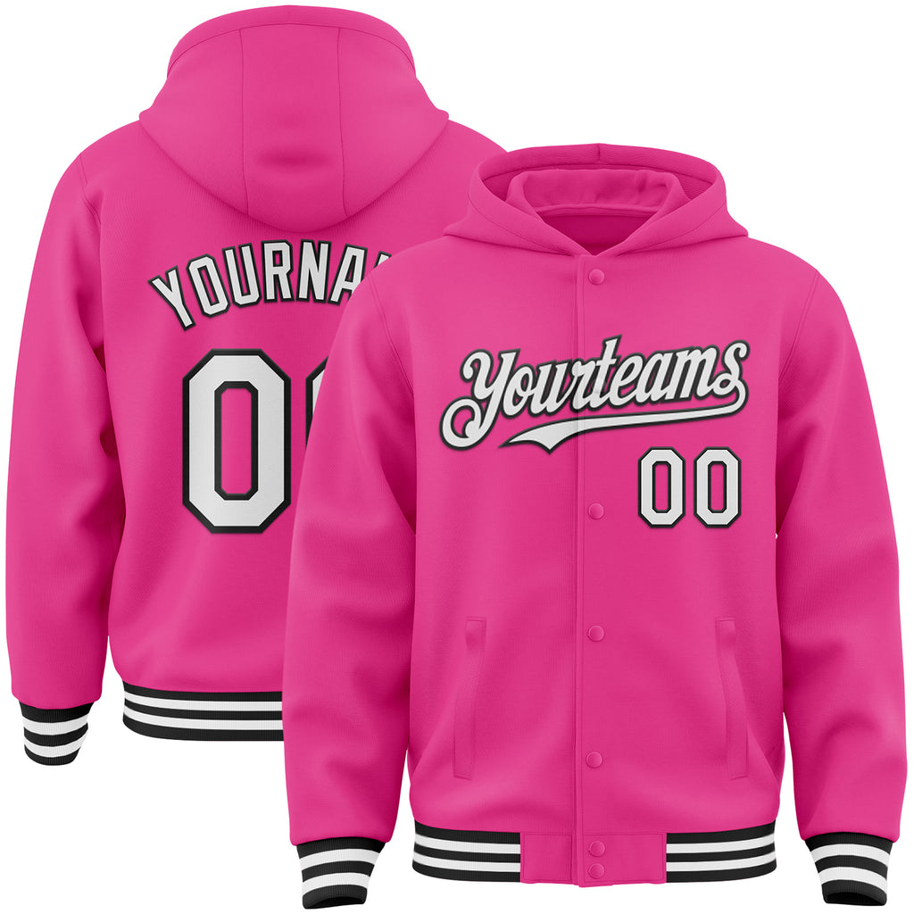 Custom Pink White-Black Bomber Full-Snap Varsity Letterman Hoodie Jacket