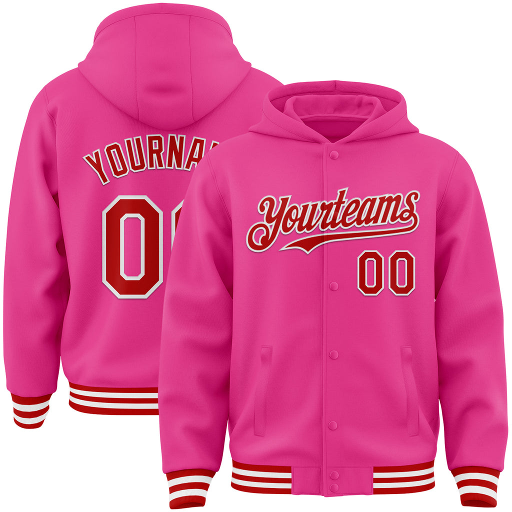 Custom Pink Red-White Bomber Full-Snap Varsity Letterman Hoodie Jacket