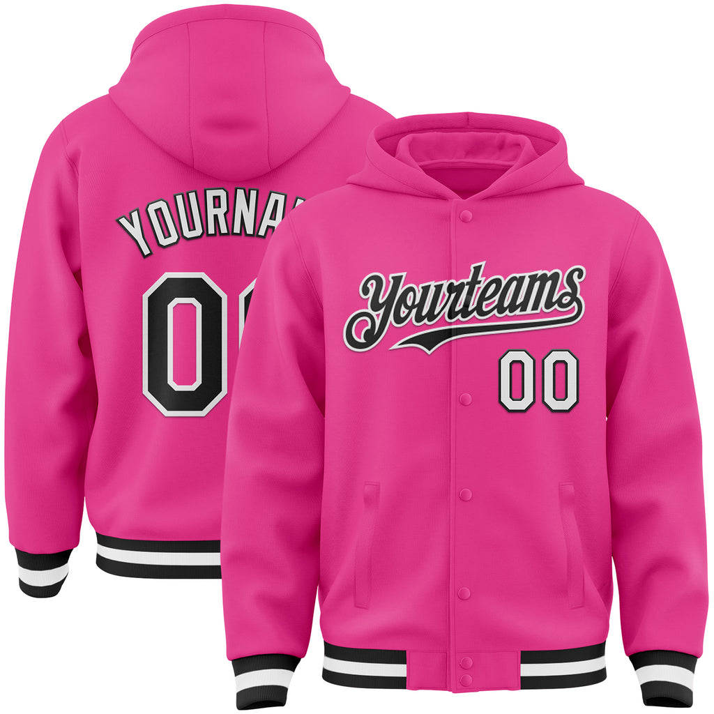 Custom Pink Black-White Bomber Full-Snap Varsity Letterman Hoodie Jacket