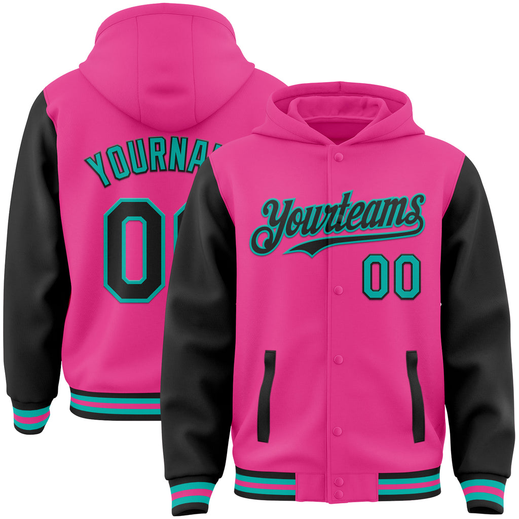 Custom Pink Black-Aqua Bomber Full-Snap Varsity Letterman Two Tone Hoodie Jacket