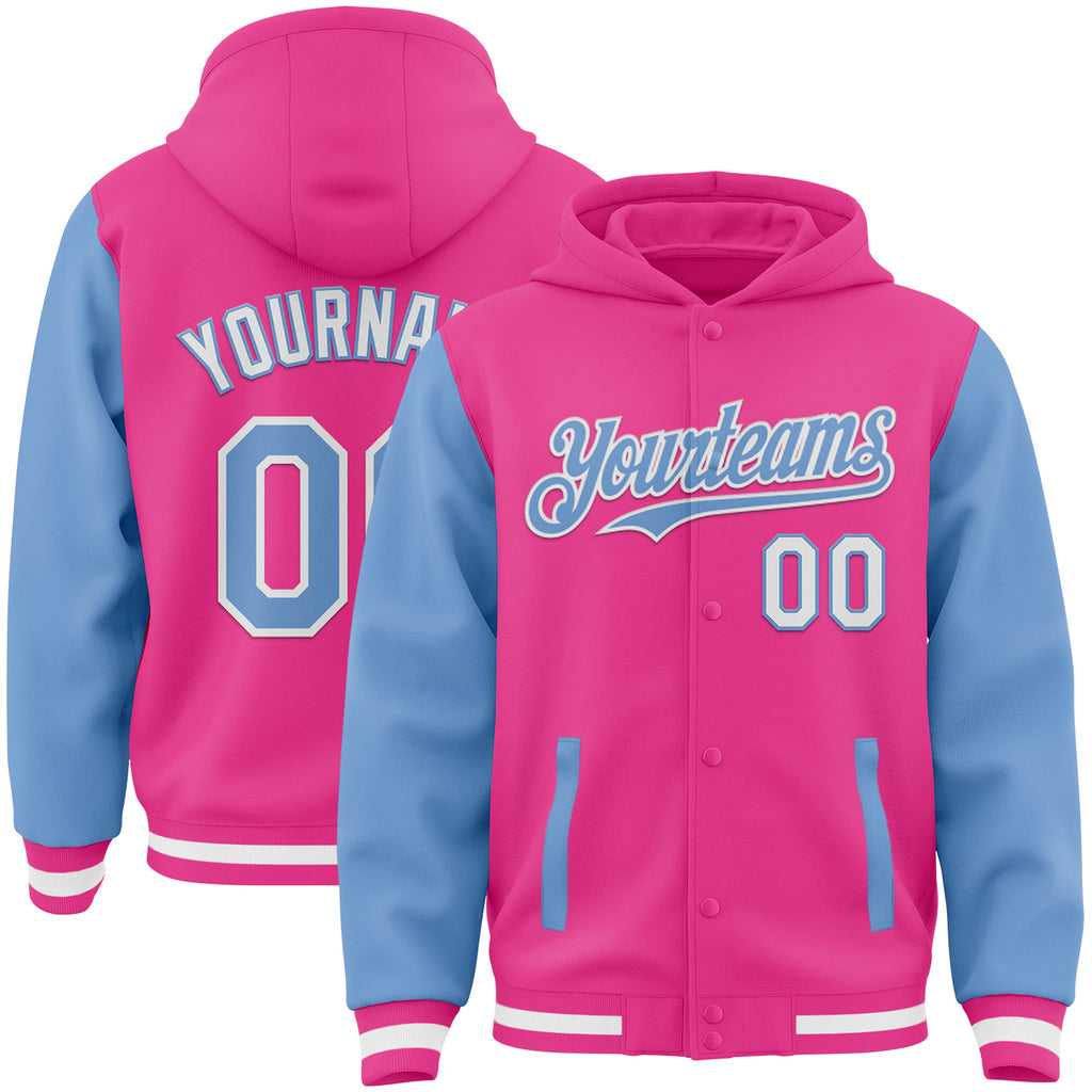 Custom Pink Light Blue-White Bomber Full-Snap Varsity Letterman Two Tone Hoodie Jacket