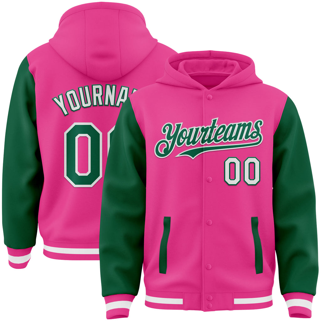 Custom Pink Kelly Green-White Bomber Full-Snap Varsity Letterman Two Tone Hoodie Jacket