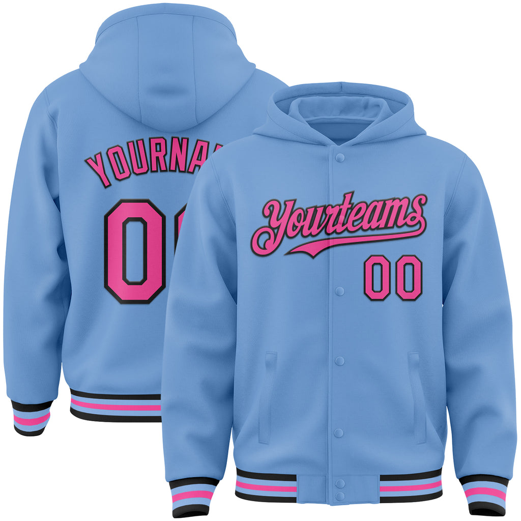 Custom Light Blue Pink-Black Bomber Full-Snap Varsity Letterman Hoodie Jacket