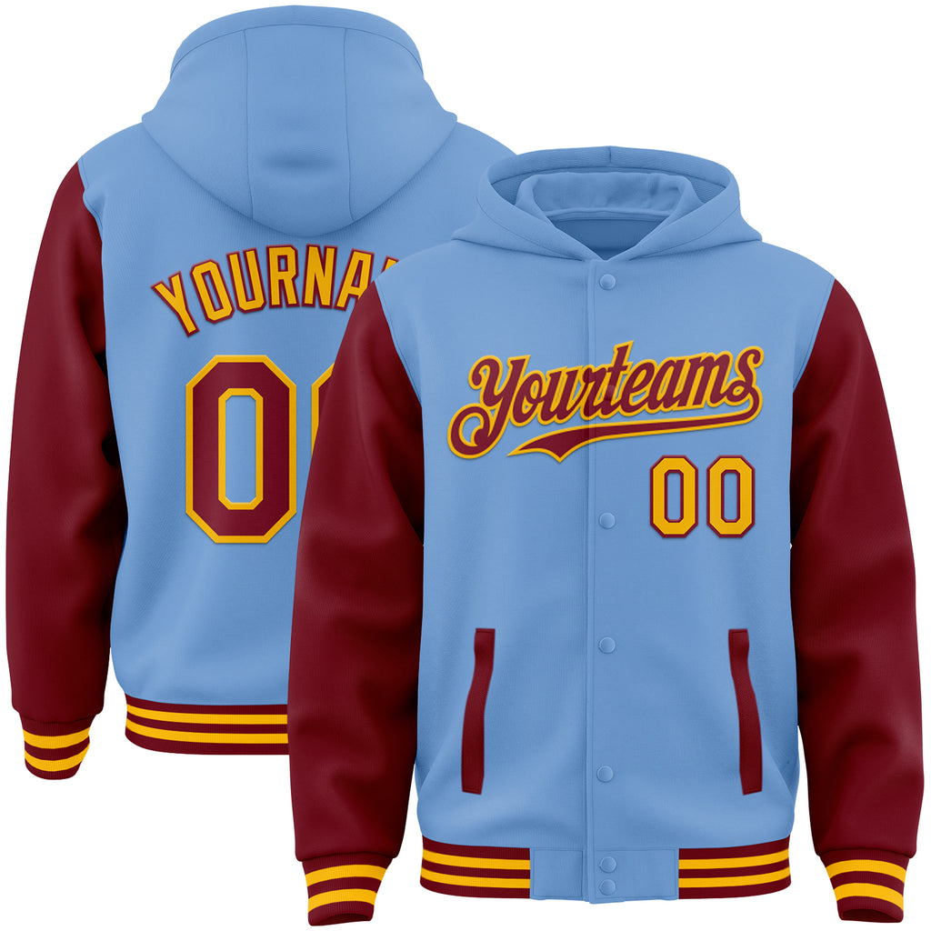 Custom Light Blue Crimson-Gold Bomber Full-Snap Varsity Letterman Two Tone Hoodie Jacket