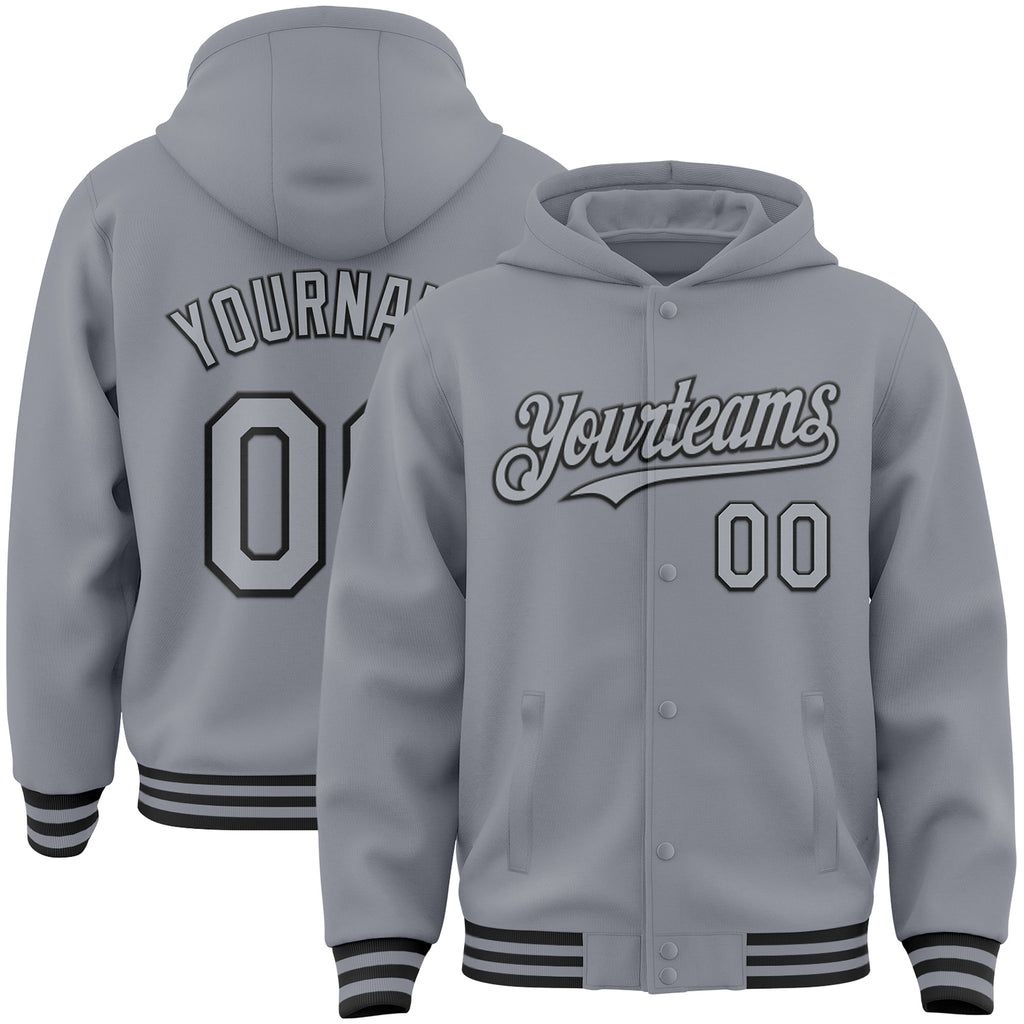 Custom Gray Black Bomber Full-Snap Varsity Letterman Hoodie Jacket