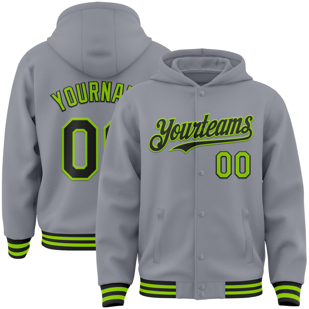 Custom Gray Black-Neon Green Bomber Full-Snap Varsity Letterman Hoodie Jacket