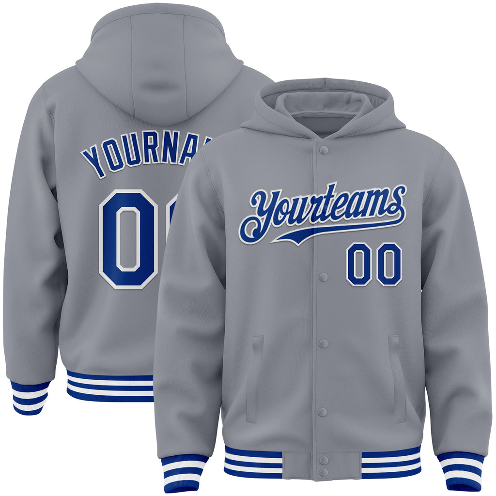 Custom Gray Royal-White Bomber Full-Snap Varsity Letterman Hoodie Jacket