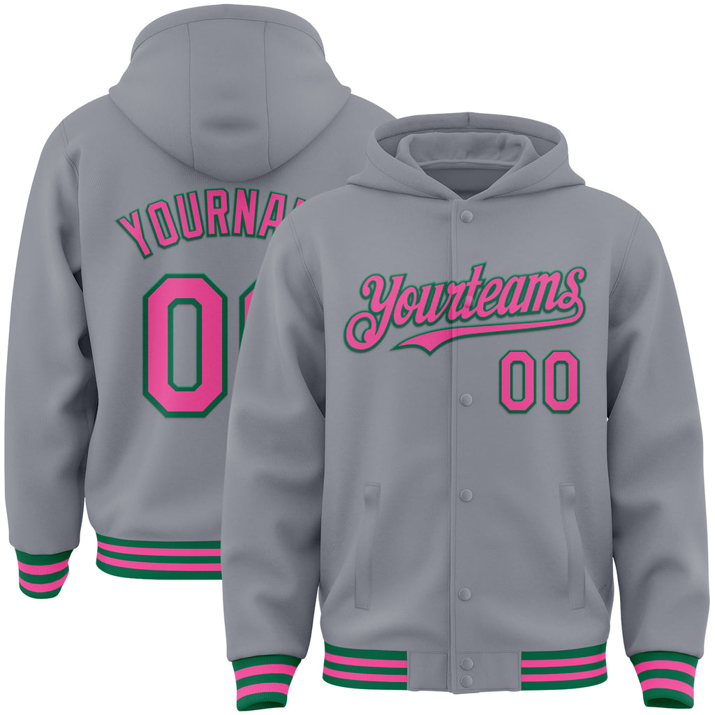 Custom Gray Pink-Kelly Green Bomber Full-Snap Varsity Letterman Hoodie Jacket