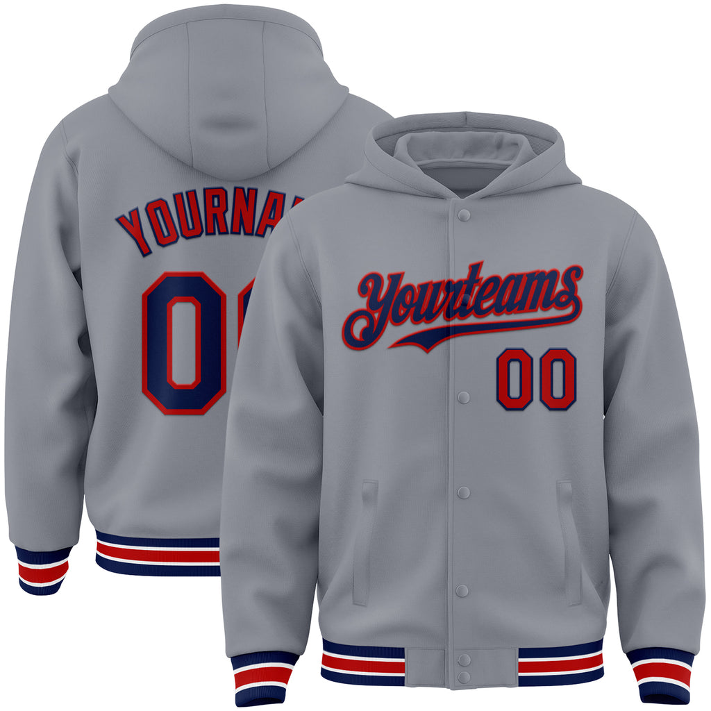 Custom Gray Navy-Red Bomber Full-Snap Varsity Letterman Hoodie Jacket