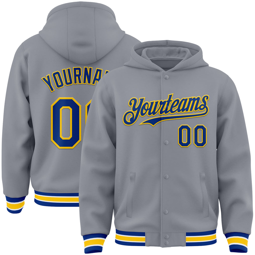 Custom Gray Royal-Yellow Bomber Full-Snap Varsity Letterman Hoodie Jacket