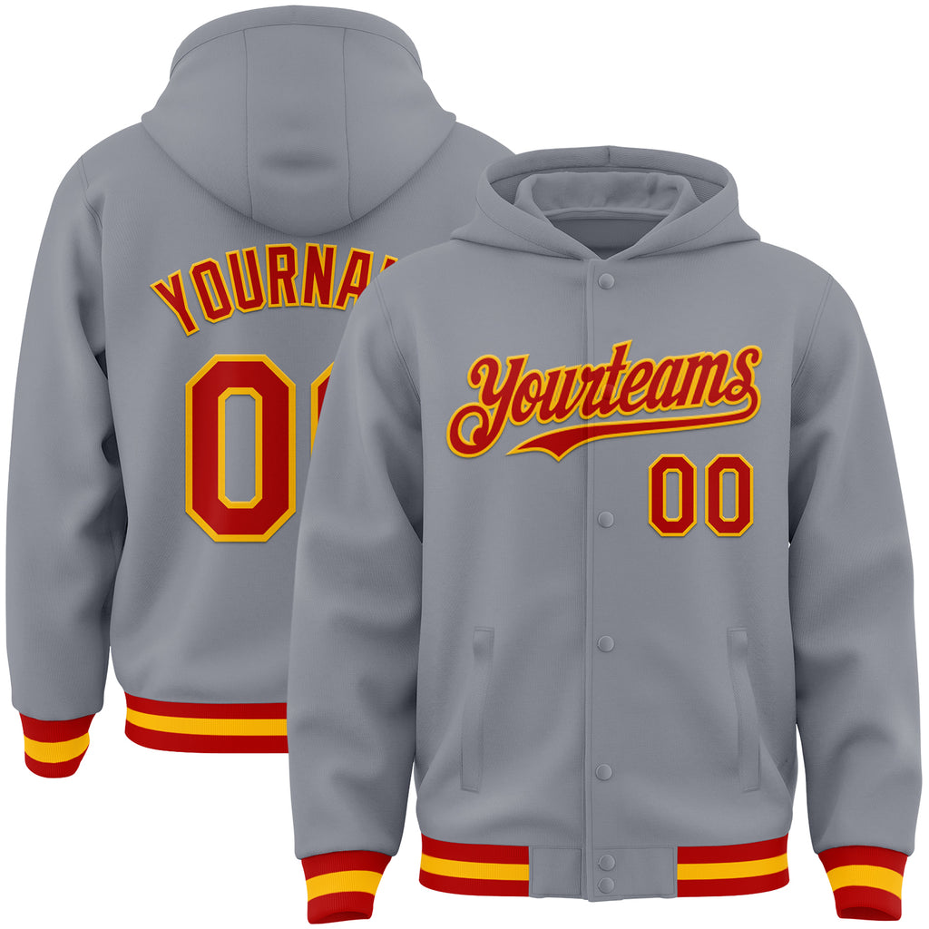 Custom Gray Red-Gold Bomber Full-Snap Varsity Letterman Hoodie Jacket