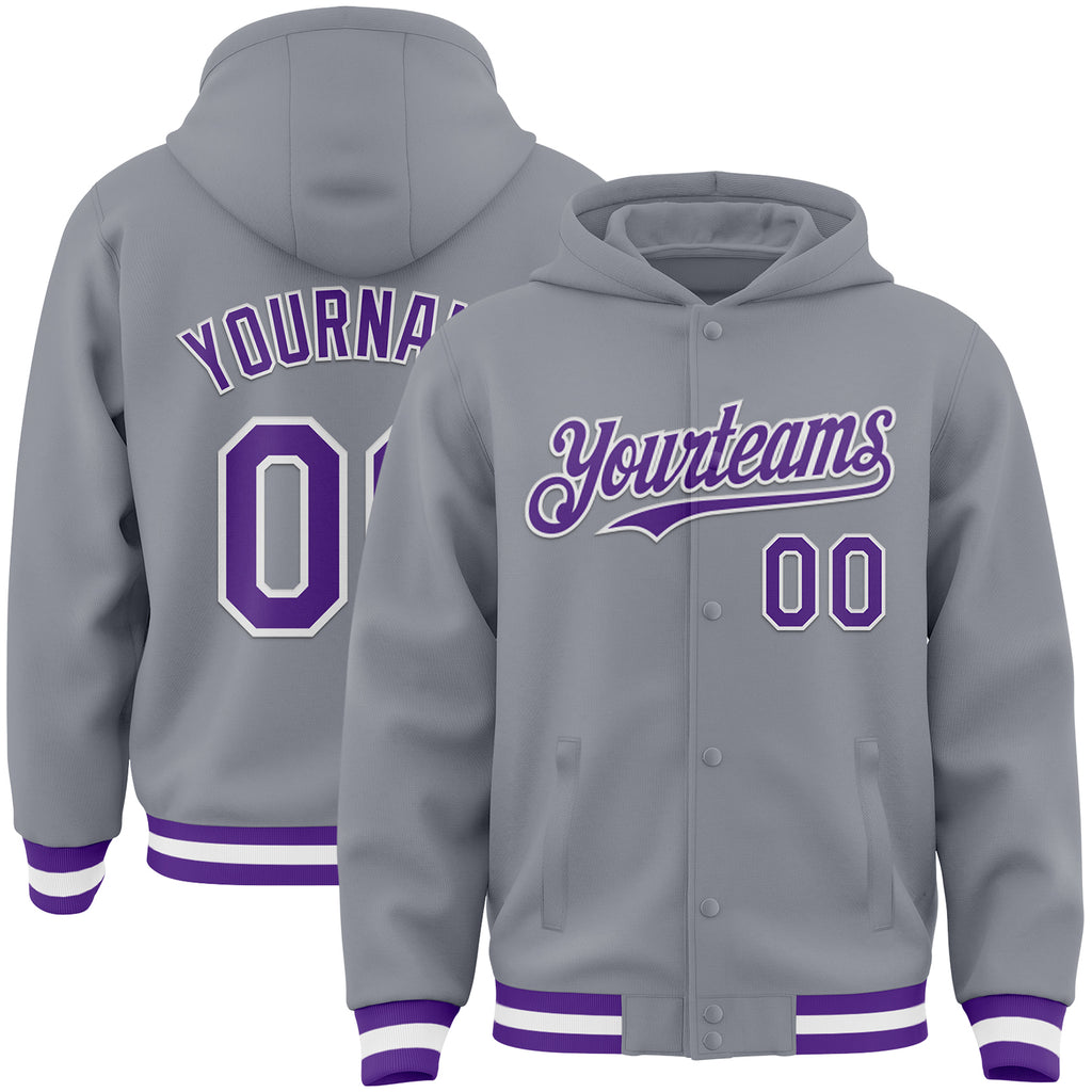 Custom Gray Purple-White Bomber Full-Snap Varsity Letterman Hoodie Jacket