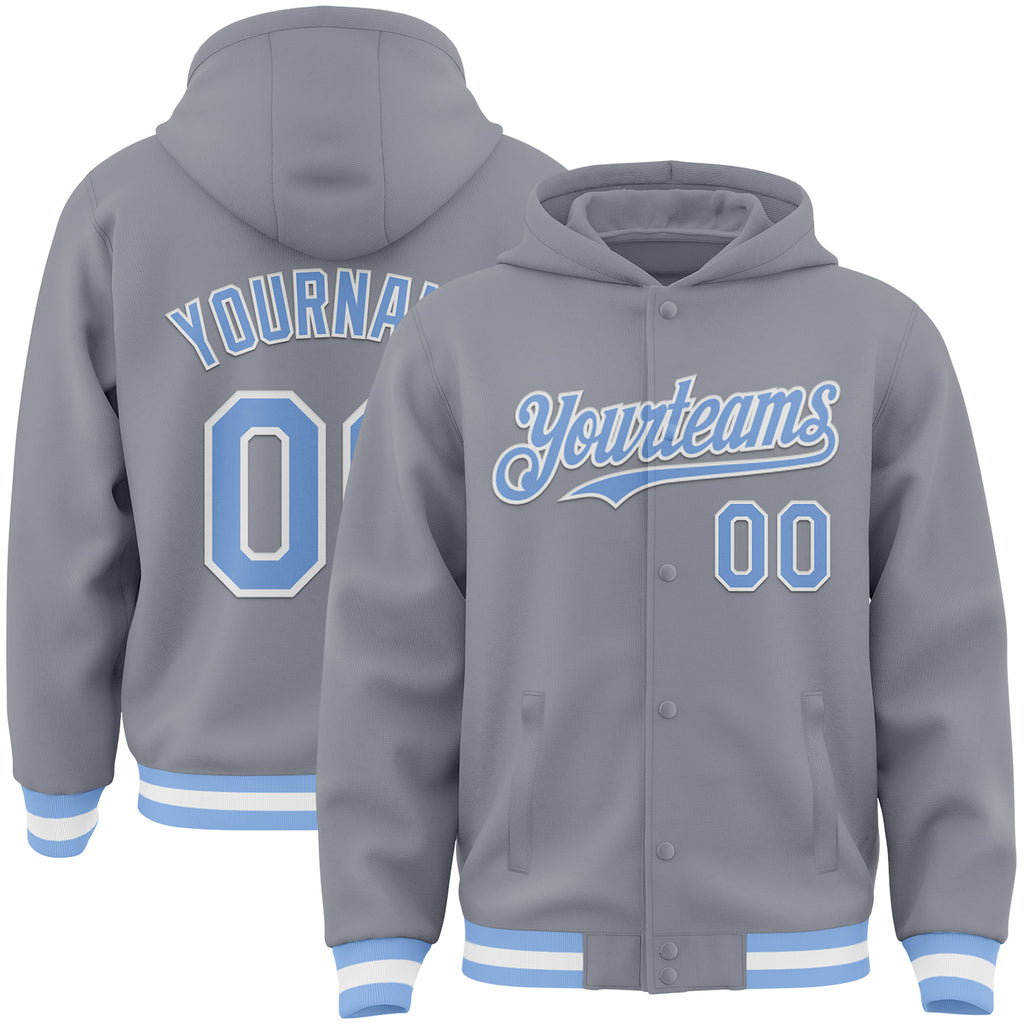 Custom Gray Light Blue-White Bomber Full-Snap Varsity Letterman Hoodie Jacket