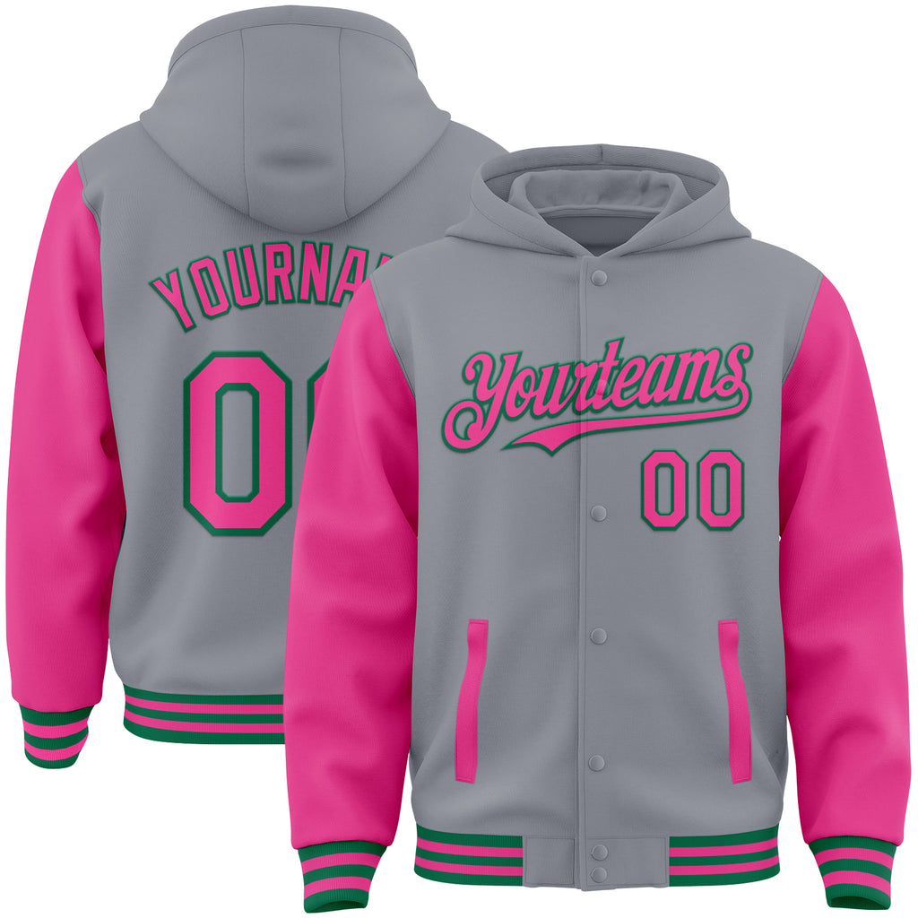 Custom Gray Pink-Kelly Green Bomber Full-Snap Varsity Letterman Two Tone Hoodie Jacket