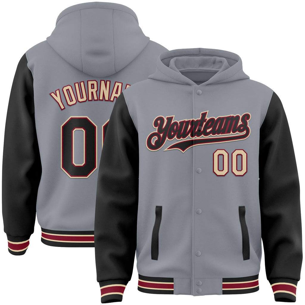 Custom Gray Black Crimson-City Cream Bomber Full-Snap Varsity Letterman Two Tone Hoodie Jacket