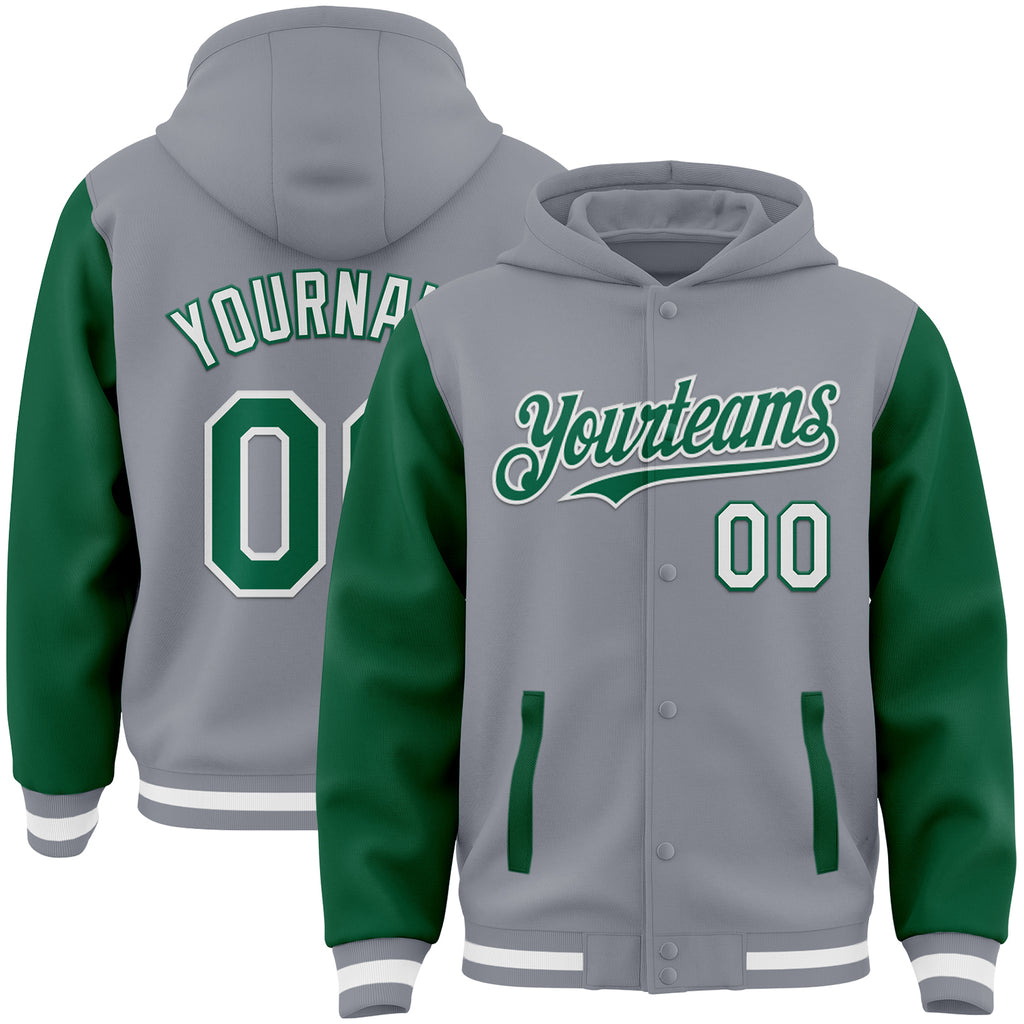 Custom Gray Kelly Green-White Bomber Full-Snap Varsity Letterman Two Tone Hoodie Jacket