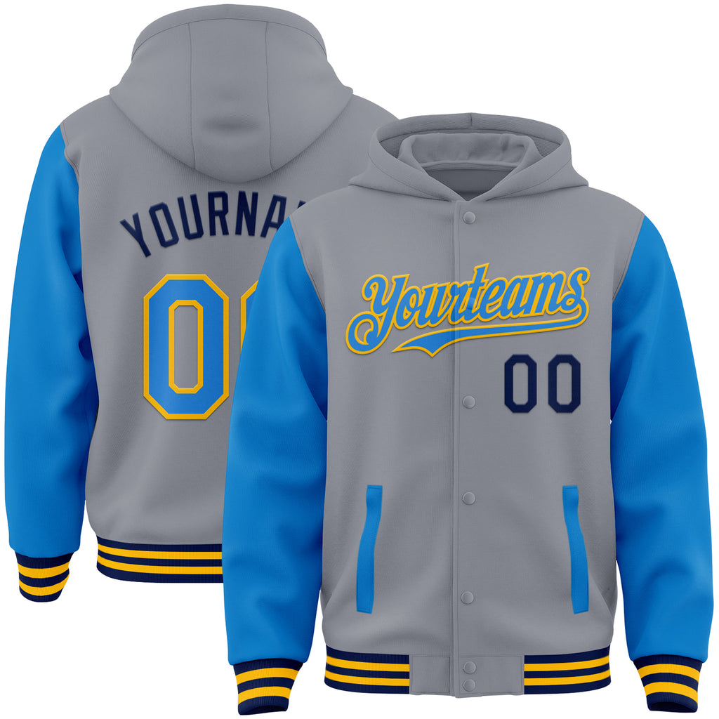 Custom Gray Powder Blue Gold-Navy Bomber Full-Snap Varsity Letterman Two Tone Hoodie Jacket