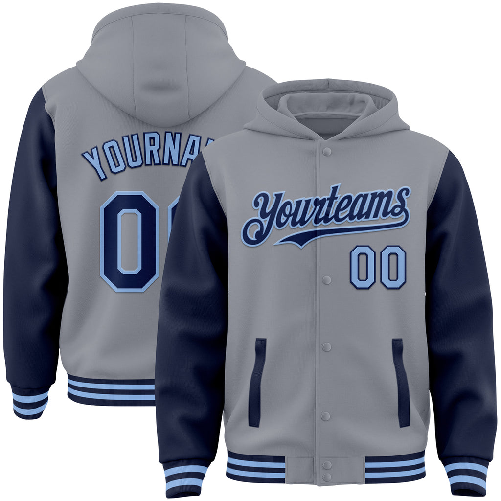 Custom Gray Navy-Light Blue Bomber Full-Snap Varsity Letterman Two Tone Hoodie Jacket