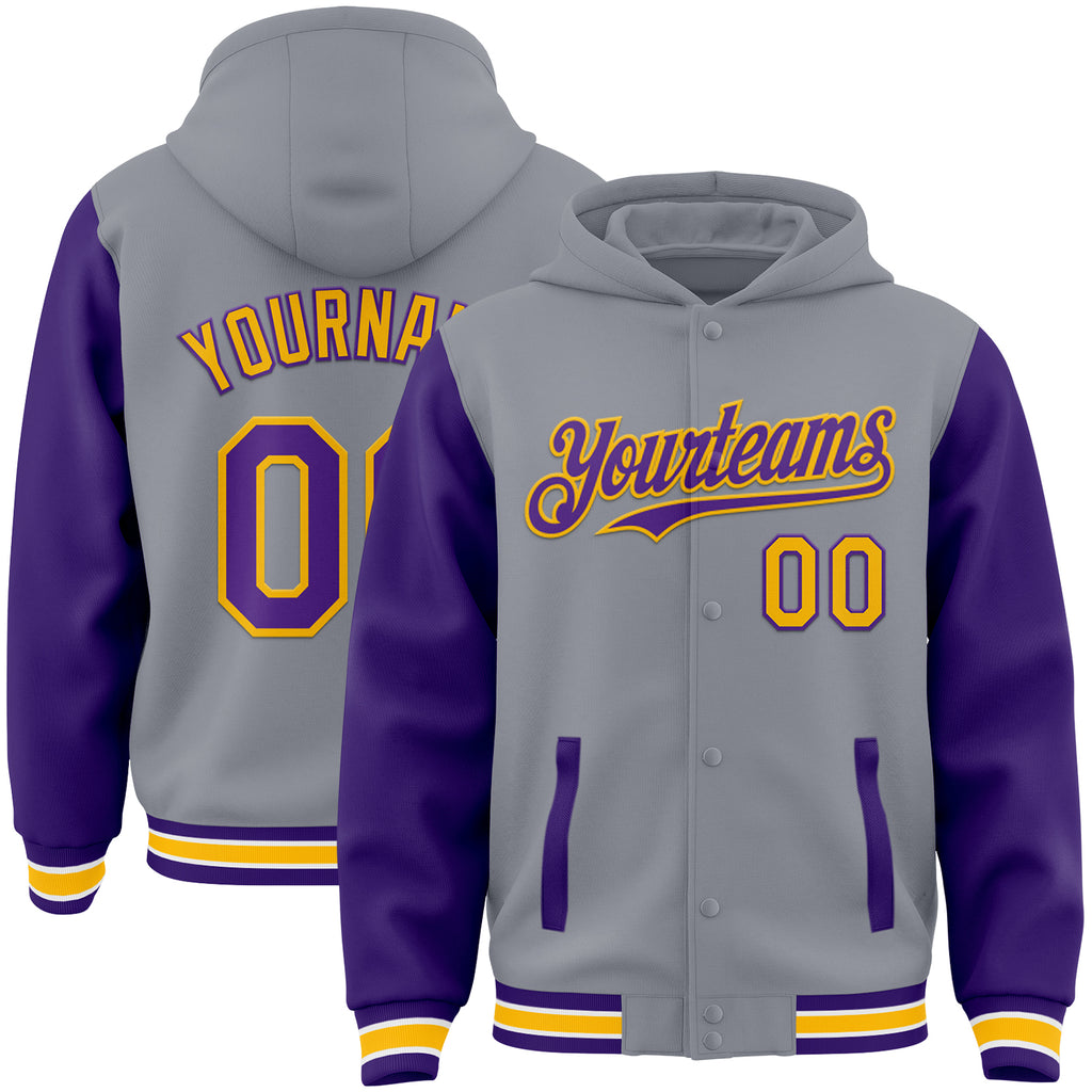 Custom Gray Purple-Gold Bomber Full-Snap Varsity Letterman Two Tone Hoodie Jacket