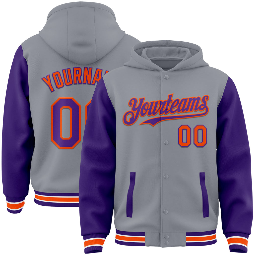 Custom Gray Purple-Orange Bomber Full-Snap Varsity Letterman Two Tone Hoodie Jacket