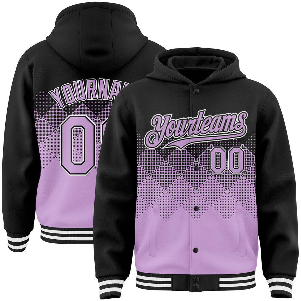 Custom Black Light Purple-White Gradient Square Shape 3D Pattern Design Bomber Full-Snap Varsity Letterman Hoodie Jacket