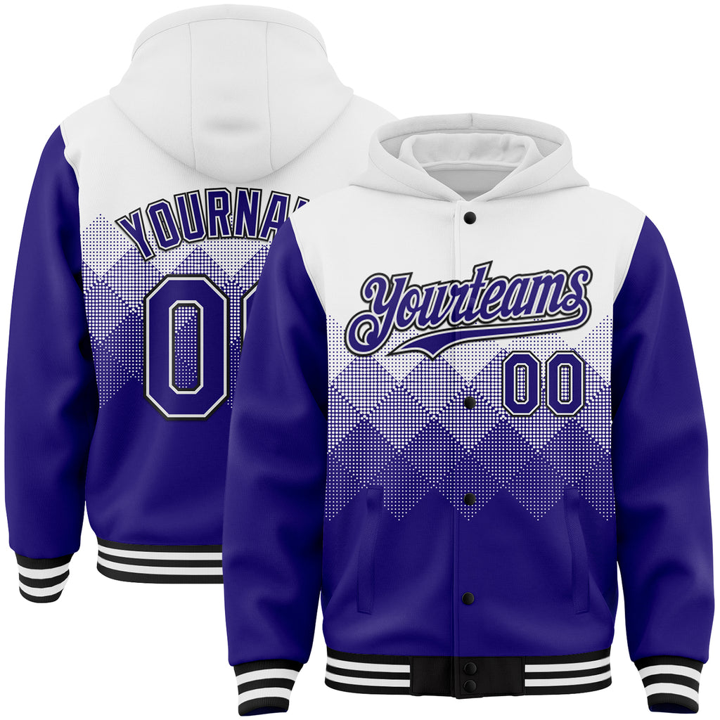 Custom White Dark Purple-Black Gradient Square Shape 3D Pattern Design Bomber Full-Snap Varsity Letterman Hoodie Jacket