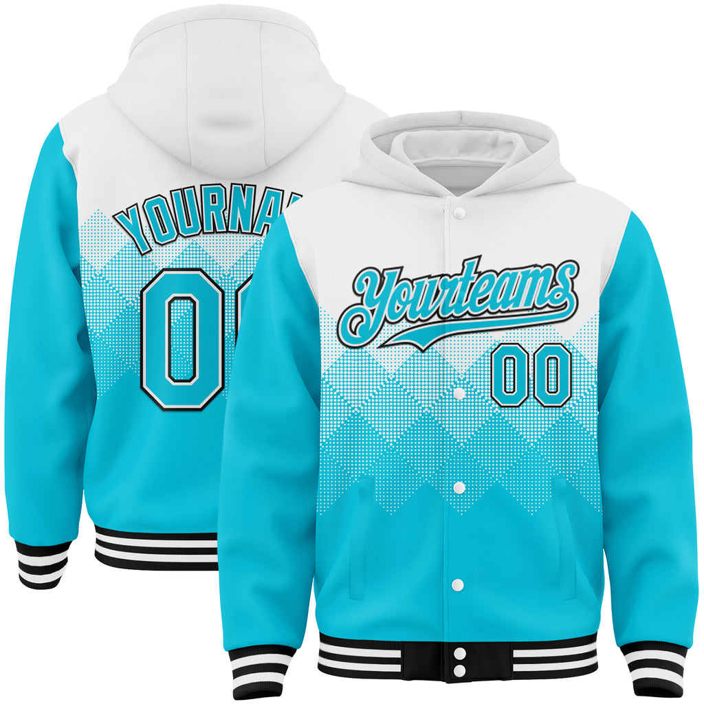 Custom White Lakes Blue-Black Gradient Square Shape 3D Pattern Design Bomber Full-Snap Varsity Letterman Hoodie Jacket