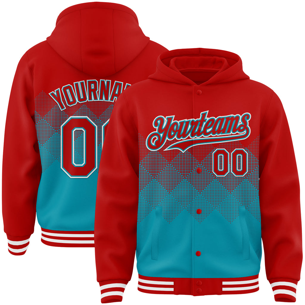 Custom Red Teal-White Gradient Square Shape 3D Pattern Design Bomber Full-Snap Varsity Letterman Hoodie Jacket