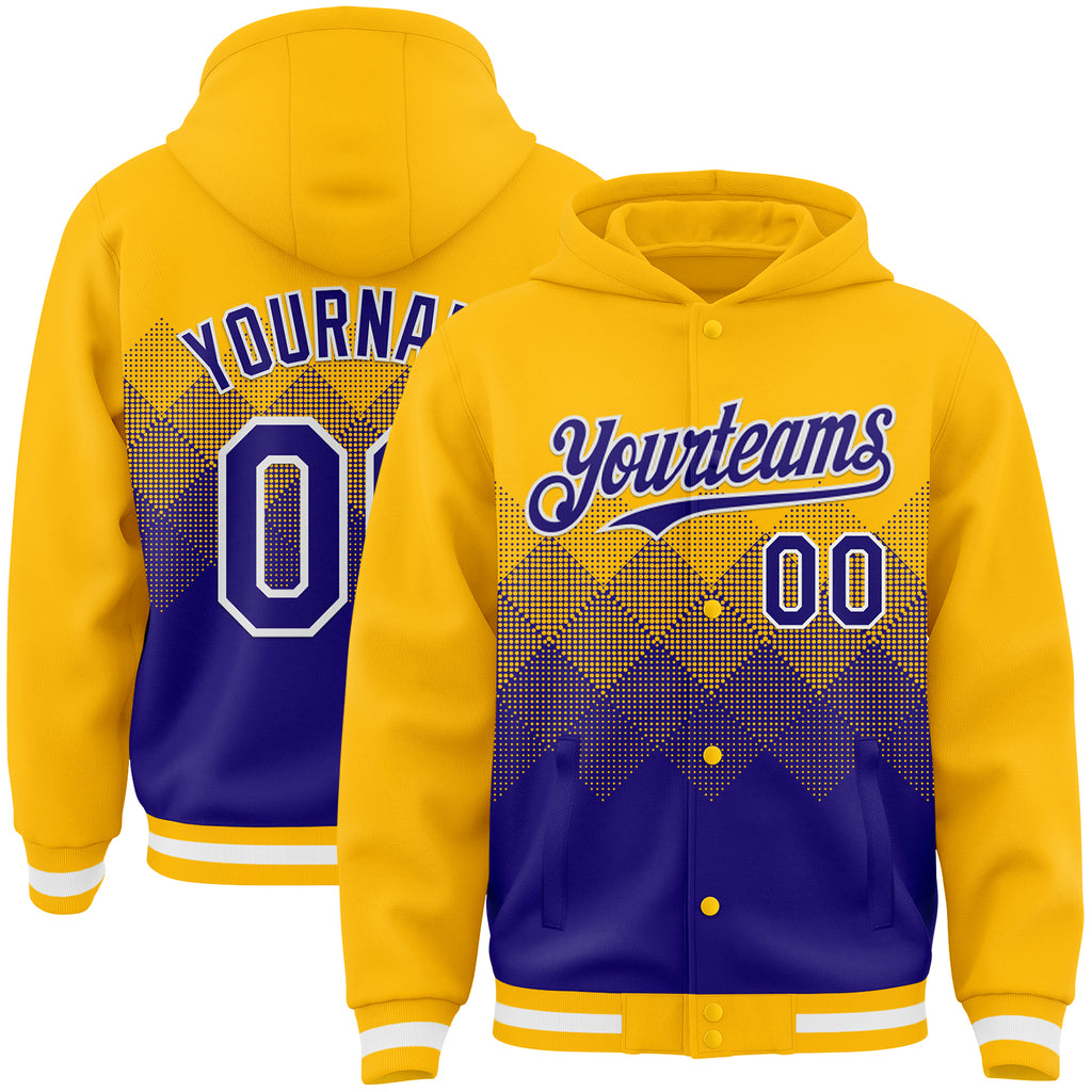 Custom Gold Dark Purple-White Gradient Square Shape 3D Pattern Design Bomber Full-Snap Varsity Letterman Hoodie Jacket