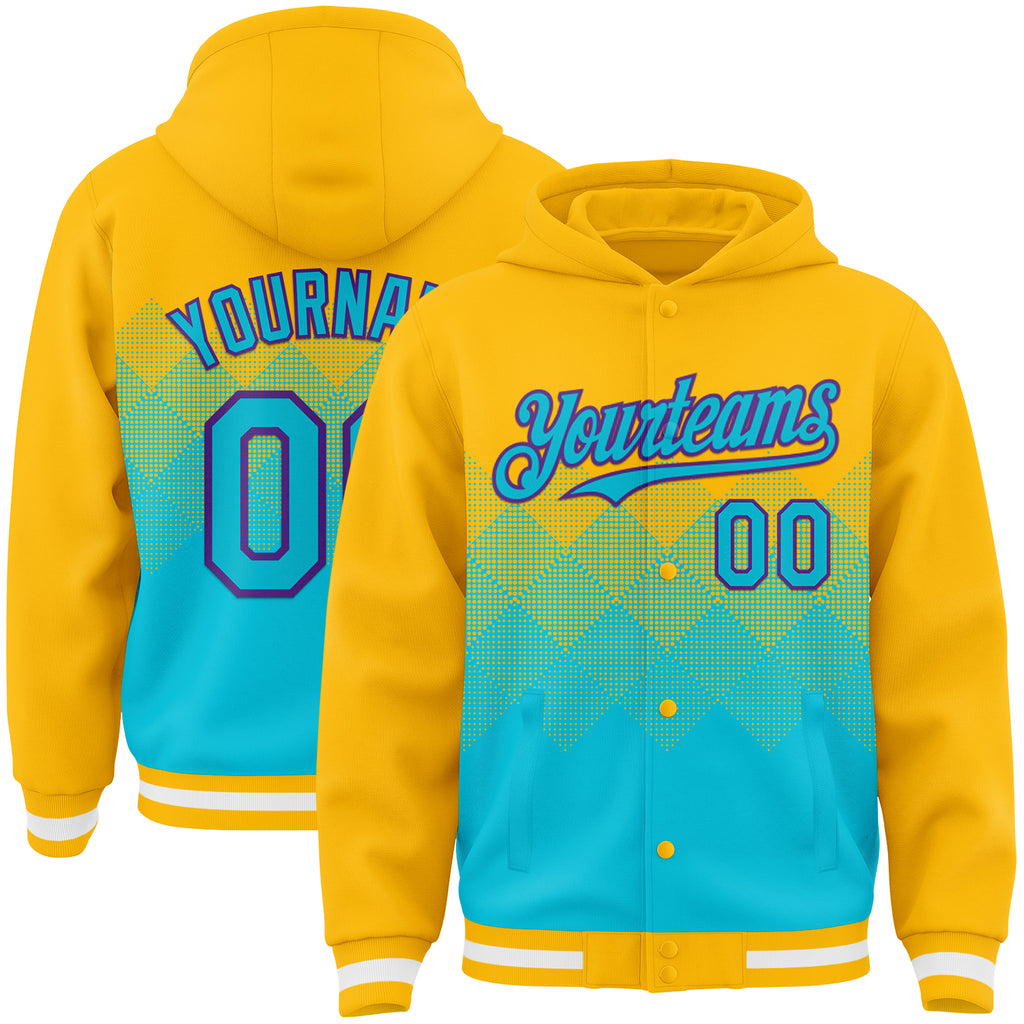 Custom Gold Lakes Blue-Purple Gradient Square Shape 3D Pattern Design Bomber Full-Snap Varsity Letterman Hoodie Jacket