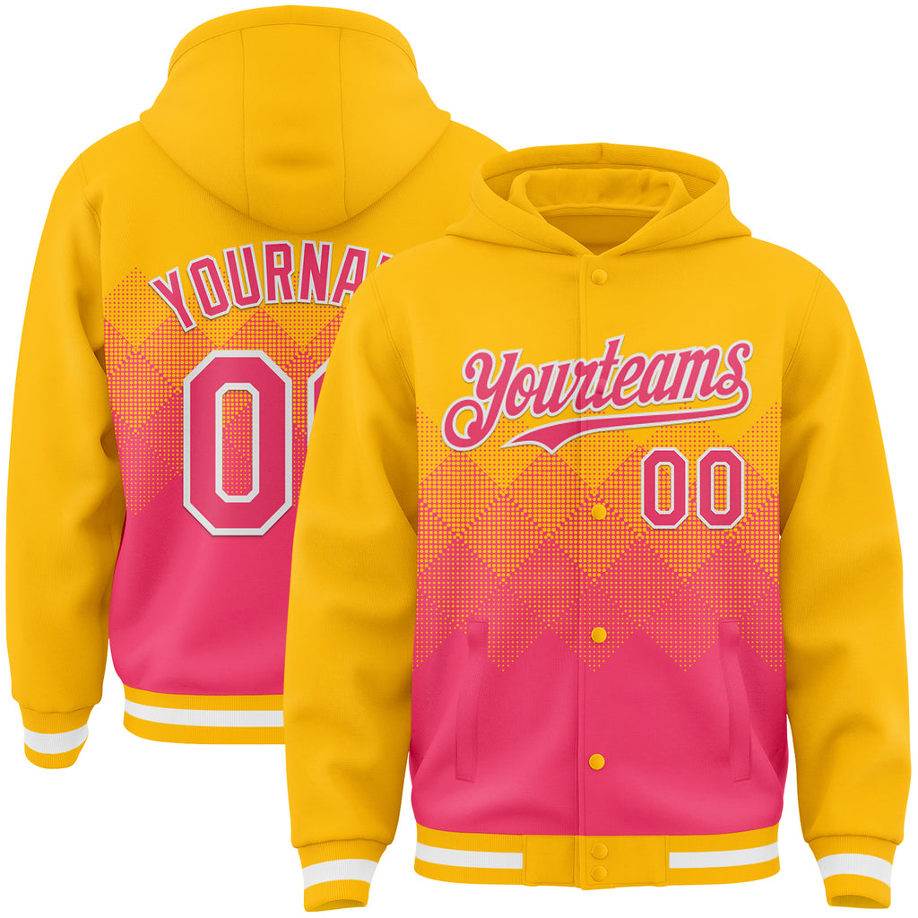 Custom Gold Neon Pink-White Gradient Square Shape 3D Pattern Design Bomber Full-Snap Varsity Letterman Hoodie Jacket