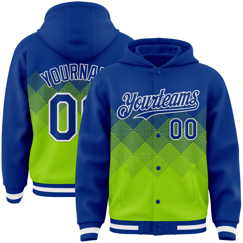 Custom Royal Neon Green-White Gradient Square Shape 3D Pattern Design Bomber Full-Snap Varsity Letterman Hoodie Jacket