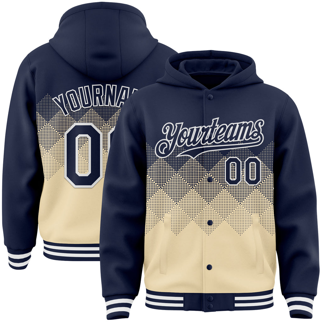 Custom Navy Cream-White Gradient Square Shape 3D Pattern Design Bomber Full-Snap Varsity Letterman Hoodie Jacket