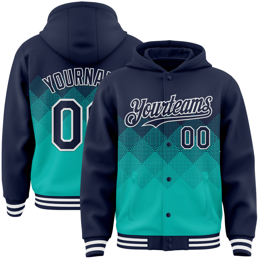 Custom Navy Aqua-White Gradient Square Shape 3D Pattern Design Bomber Full-Snap Varsity Letterman Hoodie Jacket