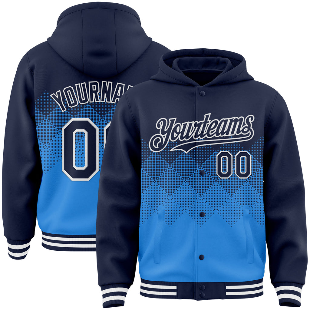 Custom Navy Powder Blue-White Gradient Square Shape 3D Pattern Design Bomber Full-Snap Varsity Letterman Hoodie Jacket