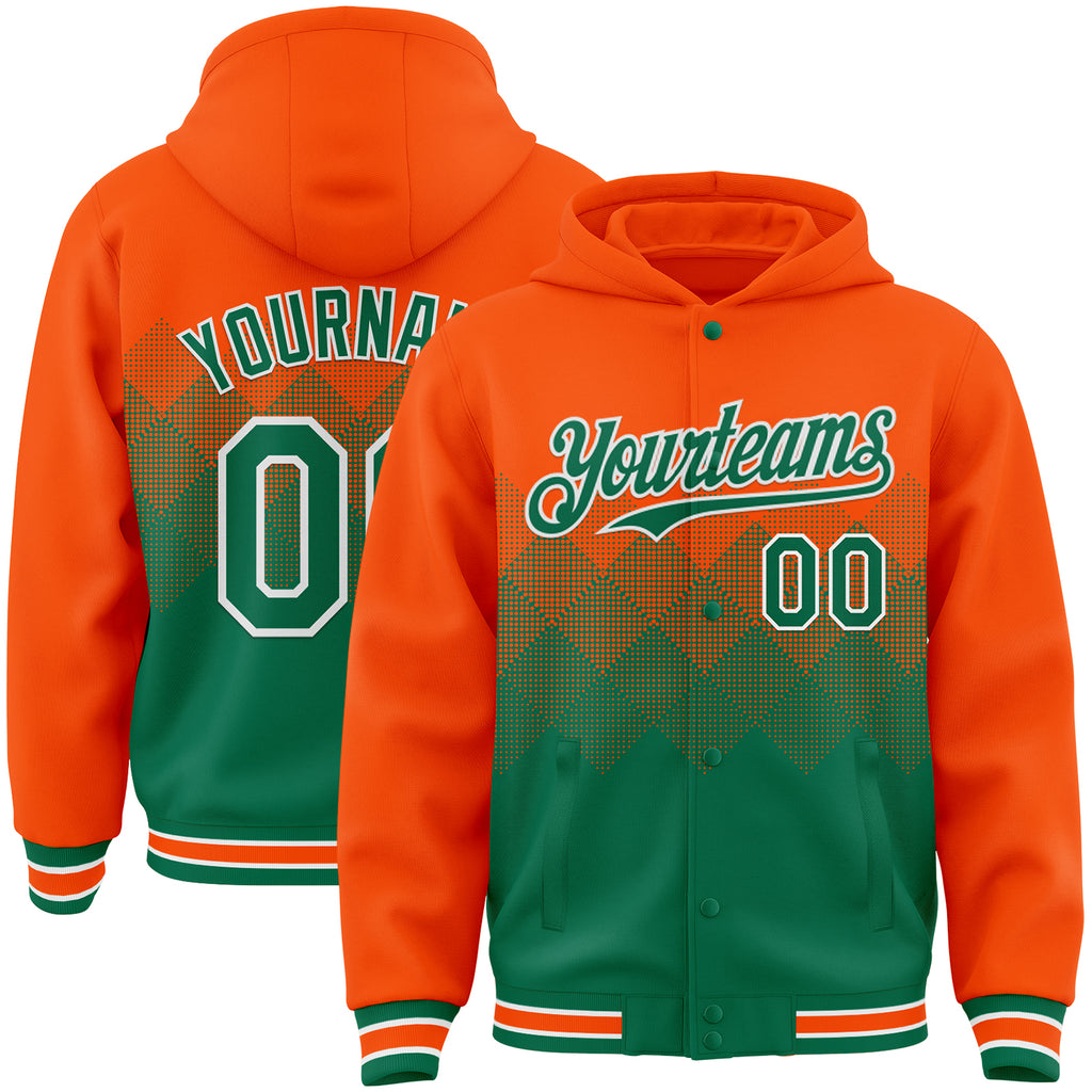 Custom Orange Kelly Green-White Gradient Square Shape 3D Pattern Design Bomber Full-Snap Varsity Letterman Hoodie Jacket