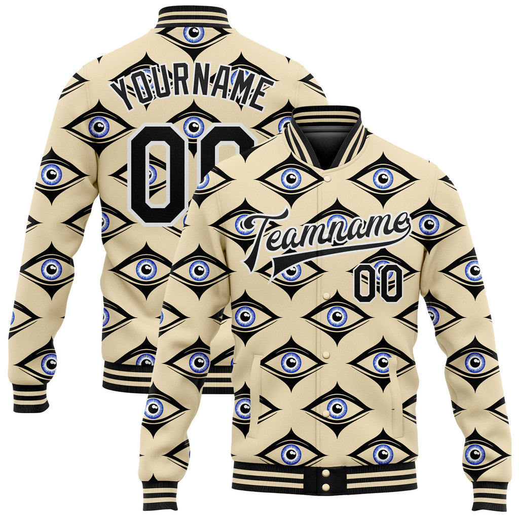 Custom Cream Black-White Evil Eyes 3D Pattern Design Bomber Full-Snap Varsity Letterman Jacket