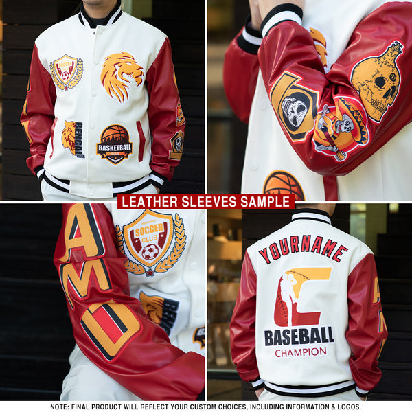 Custom White Royal-Navy Christmas 3D Bomber Full-Snap Varsity Letterman Jacket