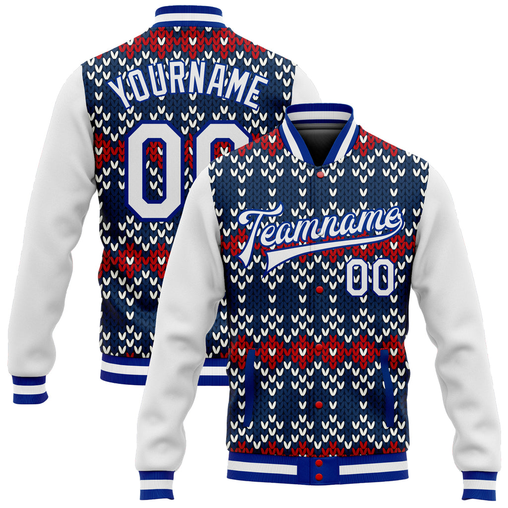 Custom Navy White-Royal Christmas 3D Bomber Full-Snap Varsity Letterman Jacket