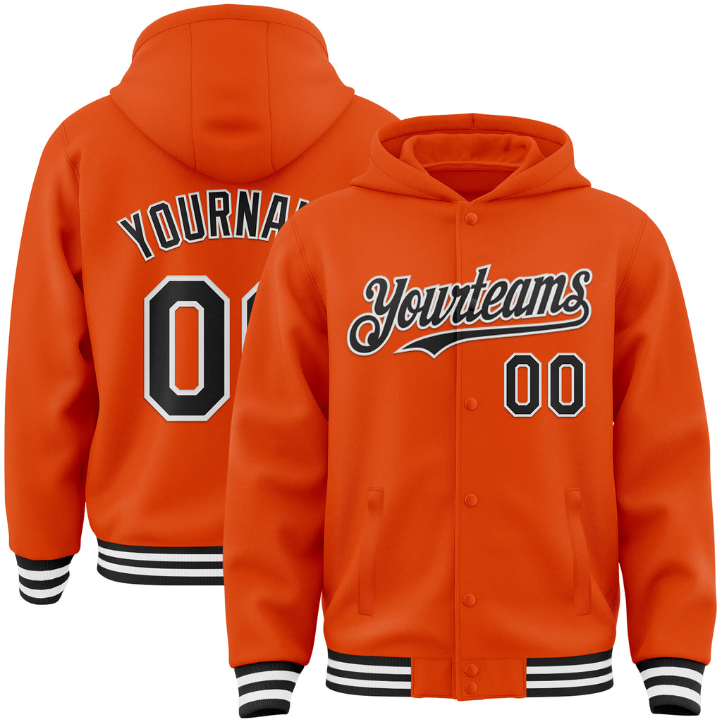 Custom Orange Black-White Bomber Full-Snap Varsity Letterman Hoodie Jacket