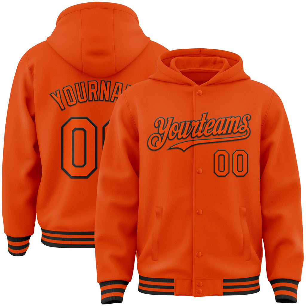 Custom Orange Black Bomber Full-Snap Varsity Letterman Hoodie Jacket