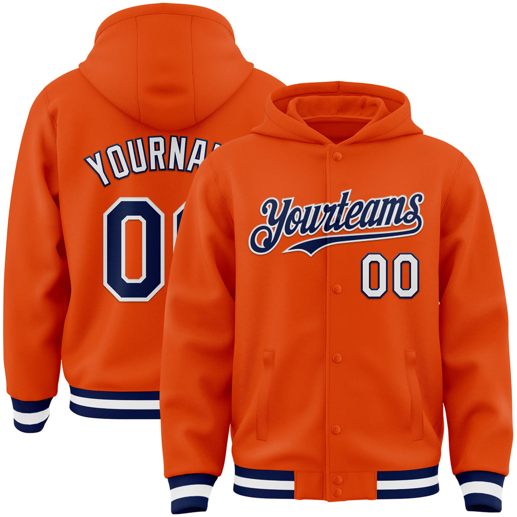 Custom Orange Navy-White Bomber Full-Snap Varsity Letterman Hoodie Jacket